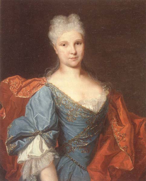 Portrait of a lady,half-length,wearing a blue embroidered dress with a scarlet mantle